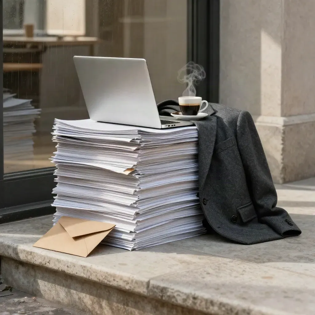Installazione editoriale con prove di stampa, laptop chiuso, blazer e caffè su gradino in pietra.
