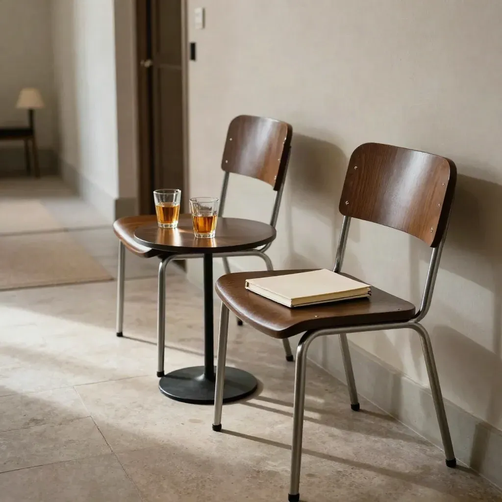 Due sedie vuote per un colloquio con tavolino e bicchieri d’acqua in una sala d’attesa calda.