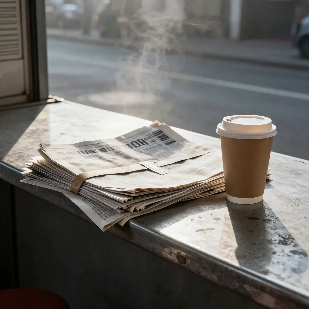 Giornali di offerte lavoro che cadono sul bancone del chiosco accanto a un caffè fumante.
