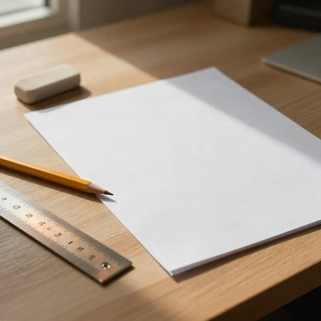 Matita, gomma e foglio CV bianco su scrivania in legno, luce calda e atmosfera intima.