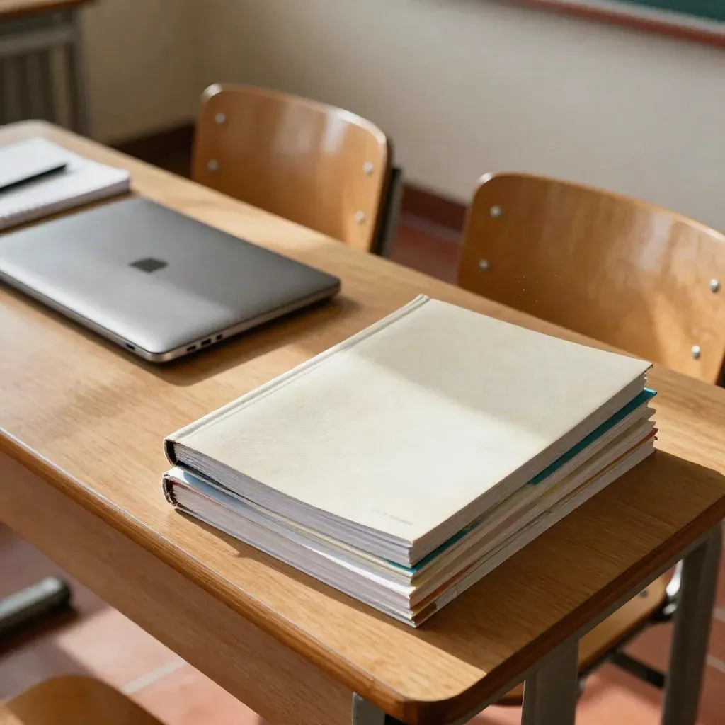 Aula pronta per un corso, con quaderni di formazione, laptop chiuso e sedie tirate indietro.