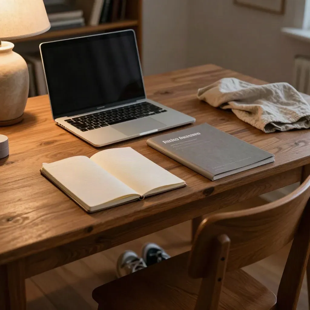 Scrivania студente con laptop chiuso, quaderno e cartella tirocinio, luce calda serale.