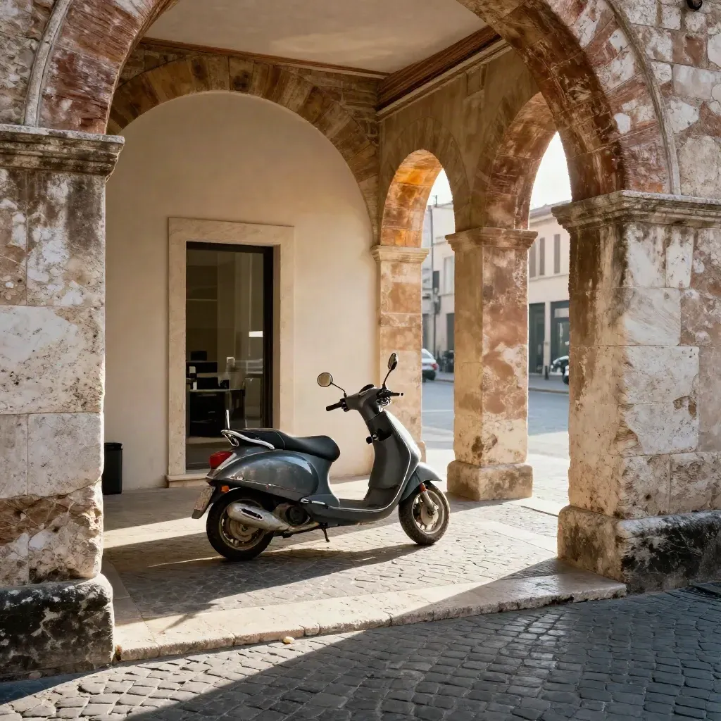 Scooter parcheggiato sotto archi di pietra a Roma, con portone coworking e sole sulle mura.