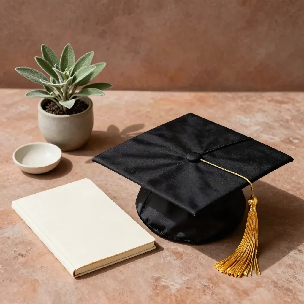 Cappello di laurea nero con nappina dorata, taccuino crema, piantina e ciotola su plaster terracotta.